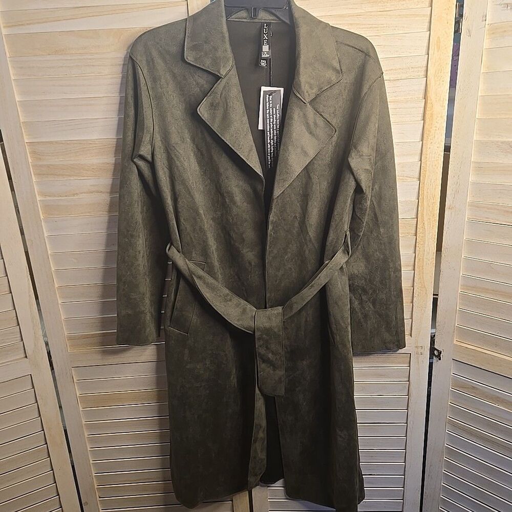 Lularoe Olive Green Duster Trench XXS Womens Soft Faux Suede Belted Overcoat